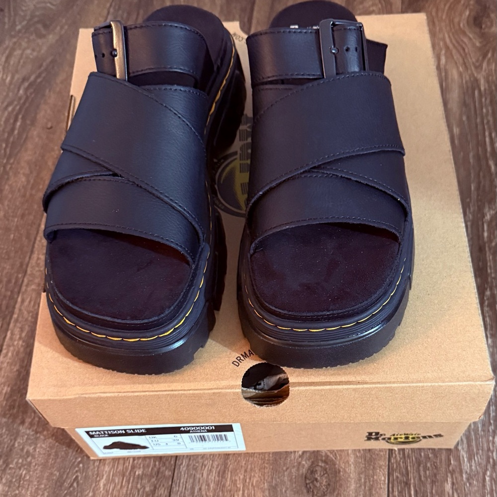 Like new! Dr. Martens Mattison Black Leather Cross-Strap Sandals